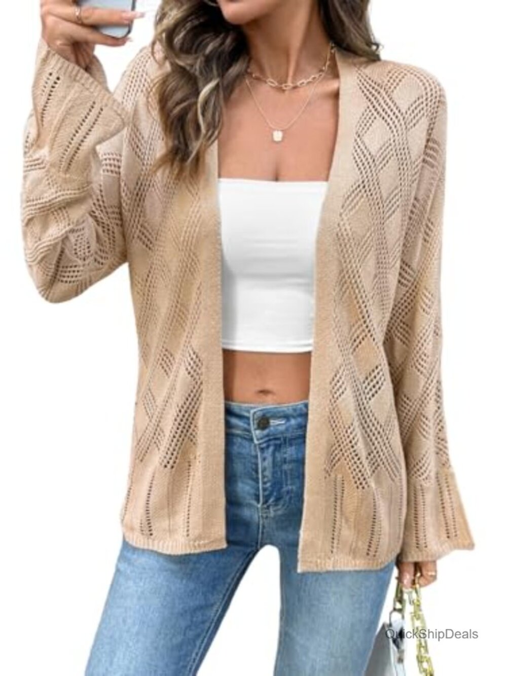 Womens Open Front Crochet Cardigan Ruffled Kimono Boho Beach Coverup